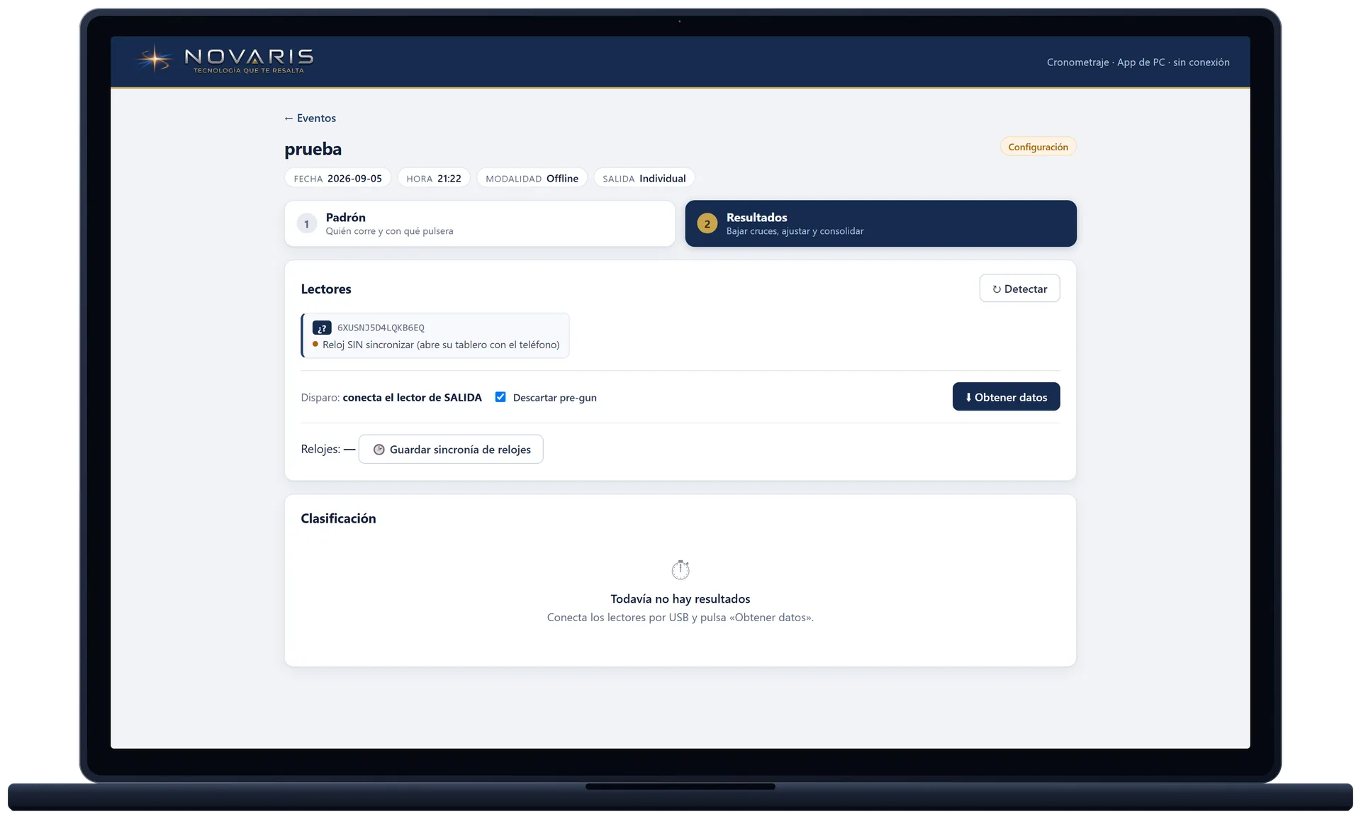 La app de PC de Novaris abierta en el paso de resultados, con la clasificación de la carrera
